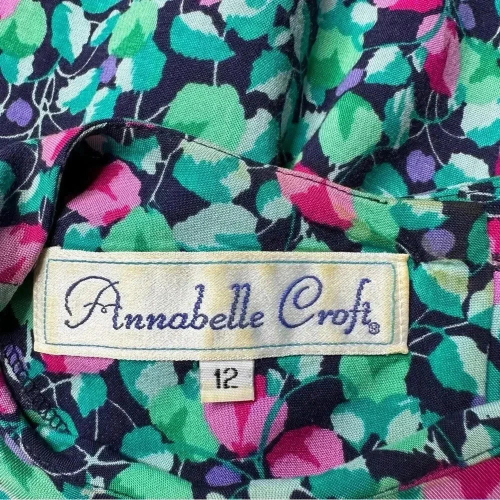 Annabelle Croft Vintage Midi Dress 12 Green Pink Short Sleeve Button Zip Closure - Picture 7 of 10